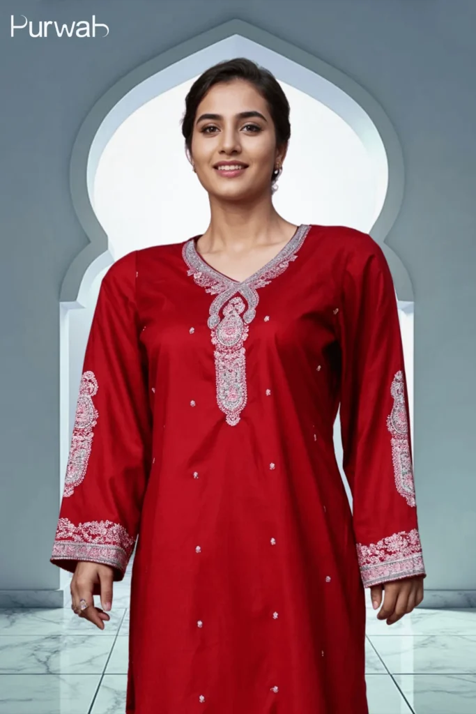 A close-up of a smiling model wearing a red embroidered kurta, with fine detailing around the neckline and sleeves.