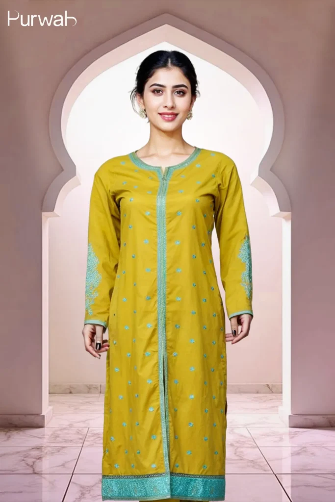 A mustard yellow embroidered kurta with turquoise accents, designed by Purwah.