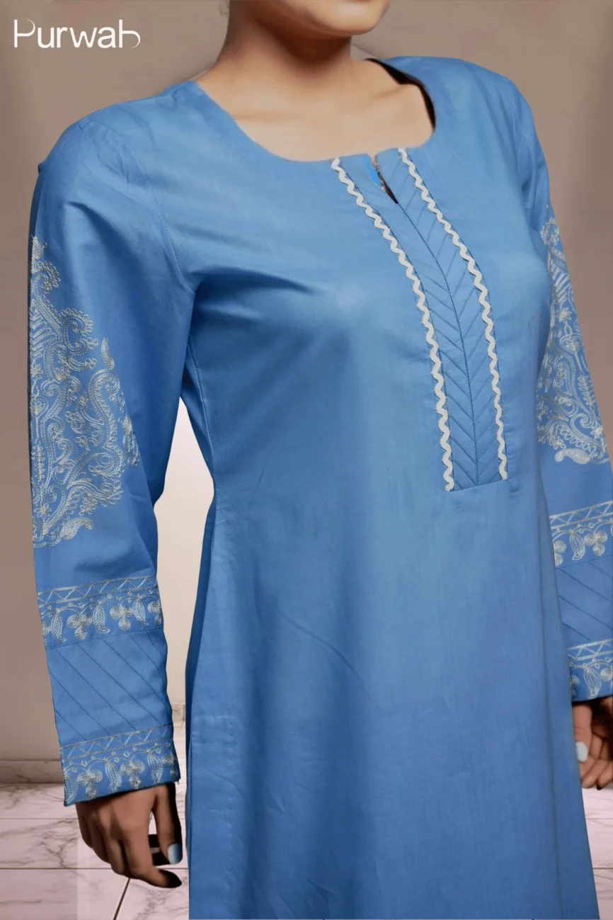 Blue embroidered kurta with intricate sleeve design and central zipper detail.