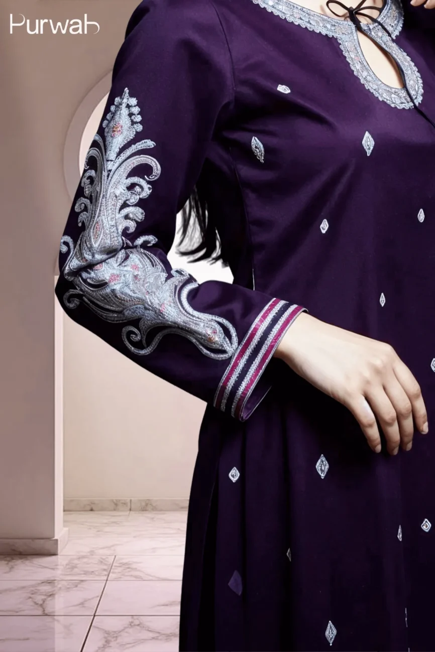 Detailed view of a purple dress with elaborate silver embroidery on the sleeves and neckline.