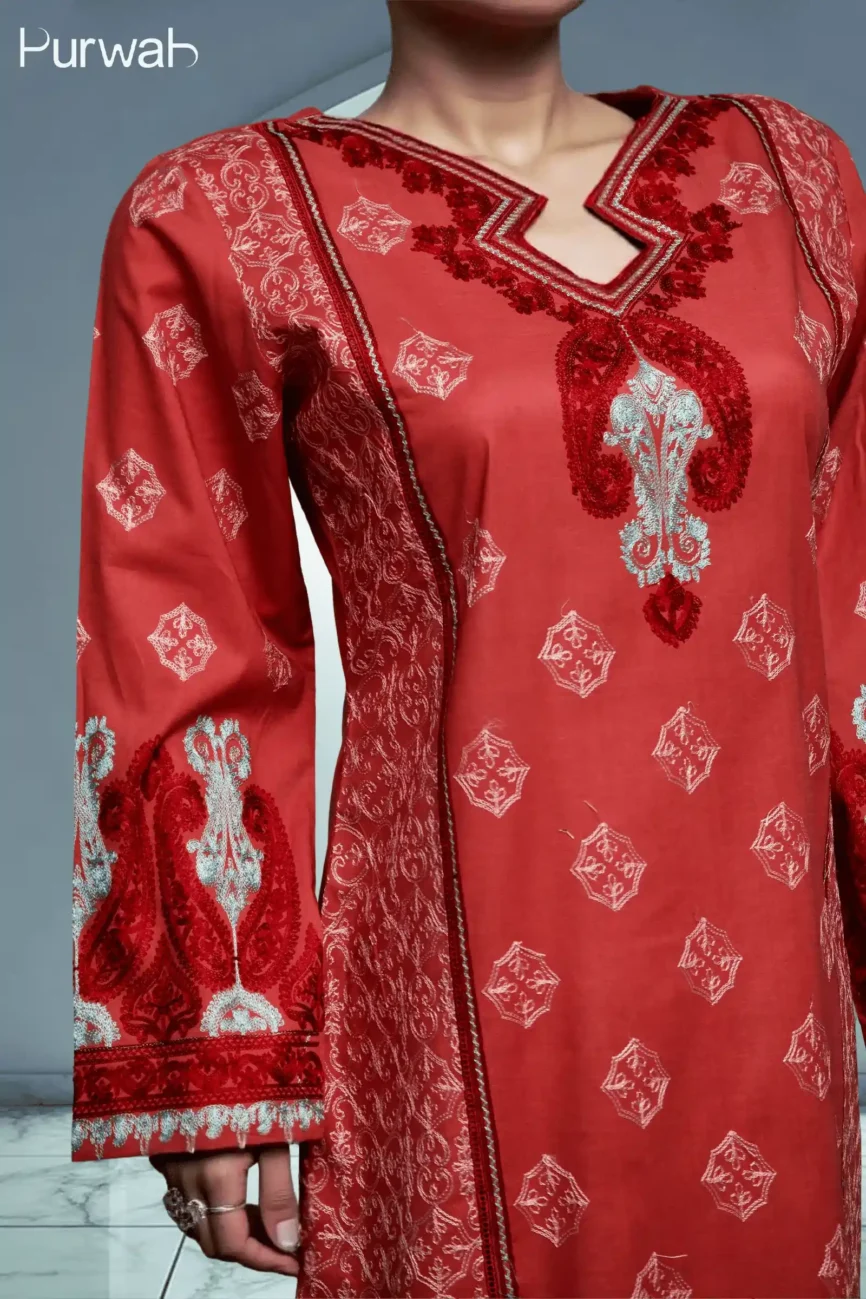 Detailed view of the neckline and sleeve embroidery of a red traditional dress with ornate patterns.