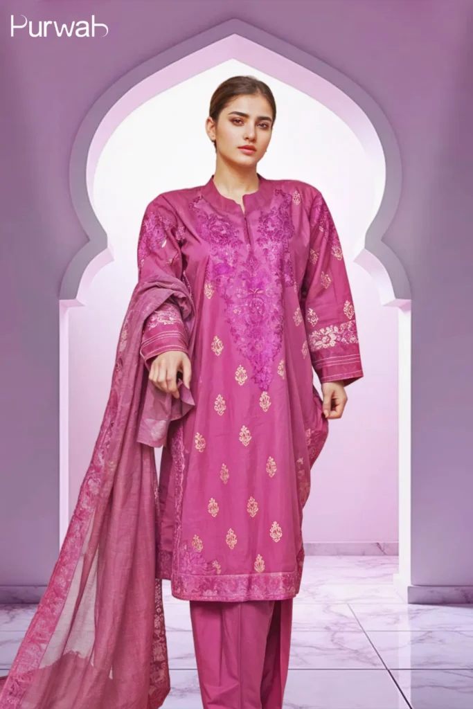 Elegant magenta embroidered dress with gold floral patterns, featuring intricate lace detailing on the sleeves and neckline, paired with a pearl necklace.