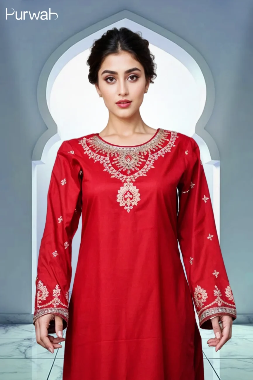 Elegant red kurta with golden threadwork, highlighting the detailed design on the neckline, with a model confidently posing in front of a light backdrop.