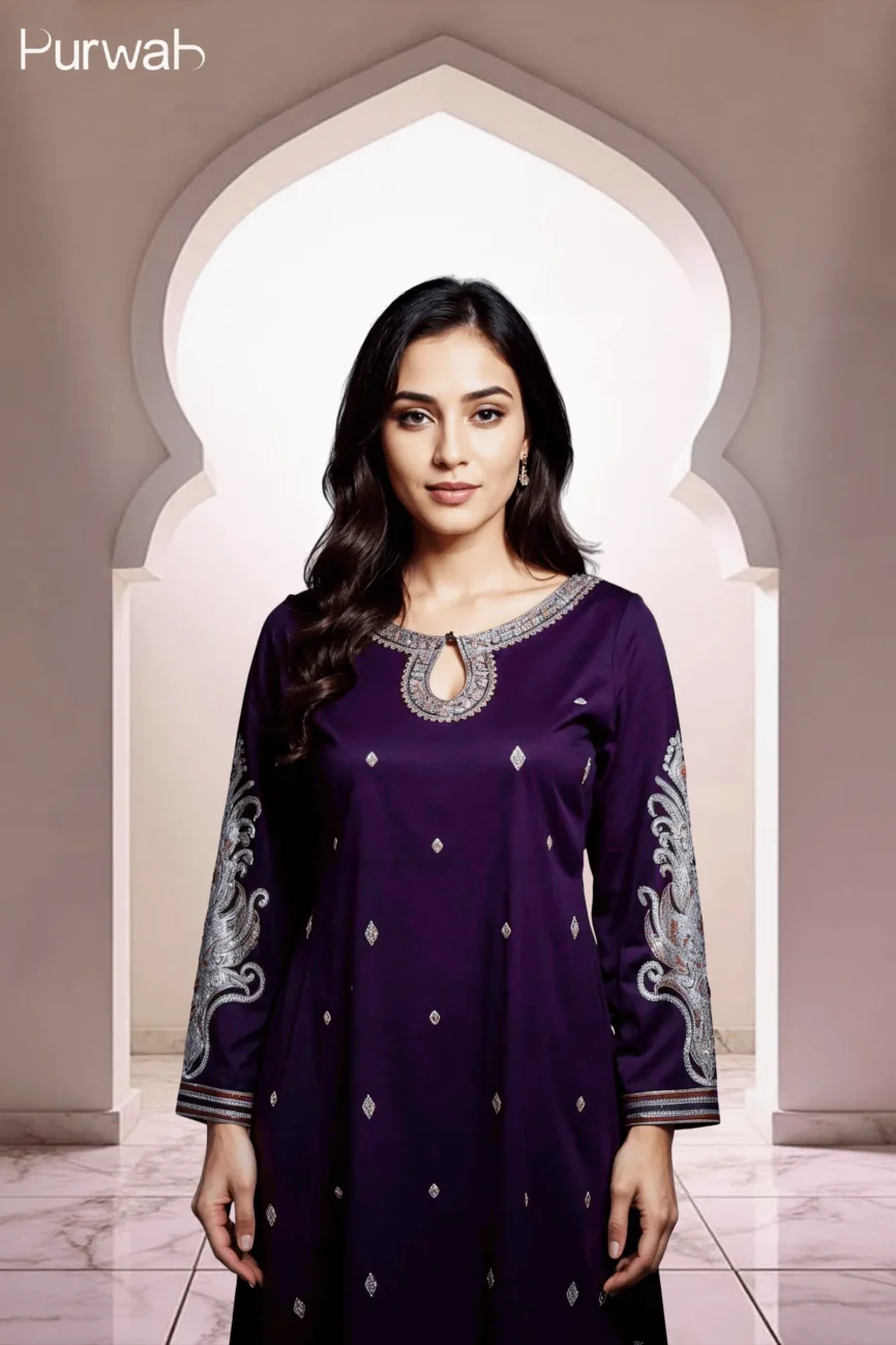 Front-facing shot of a model in a purple embroidered dress with intricate designs on the sleeves, standing confidently.