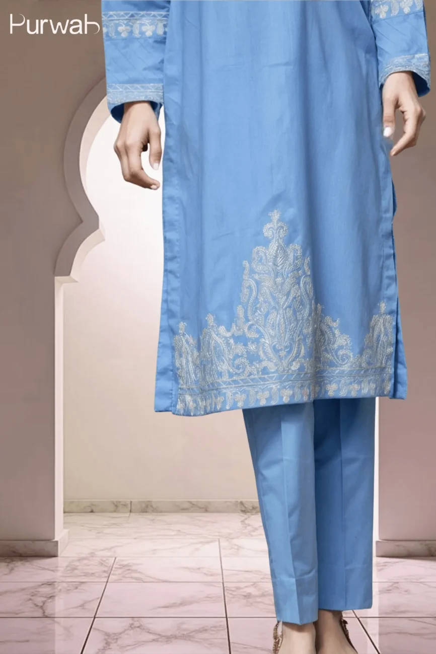 Front view of a blue embroidered kurta with a decorative zipper placket.