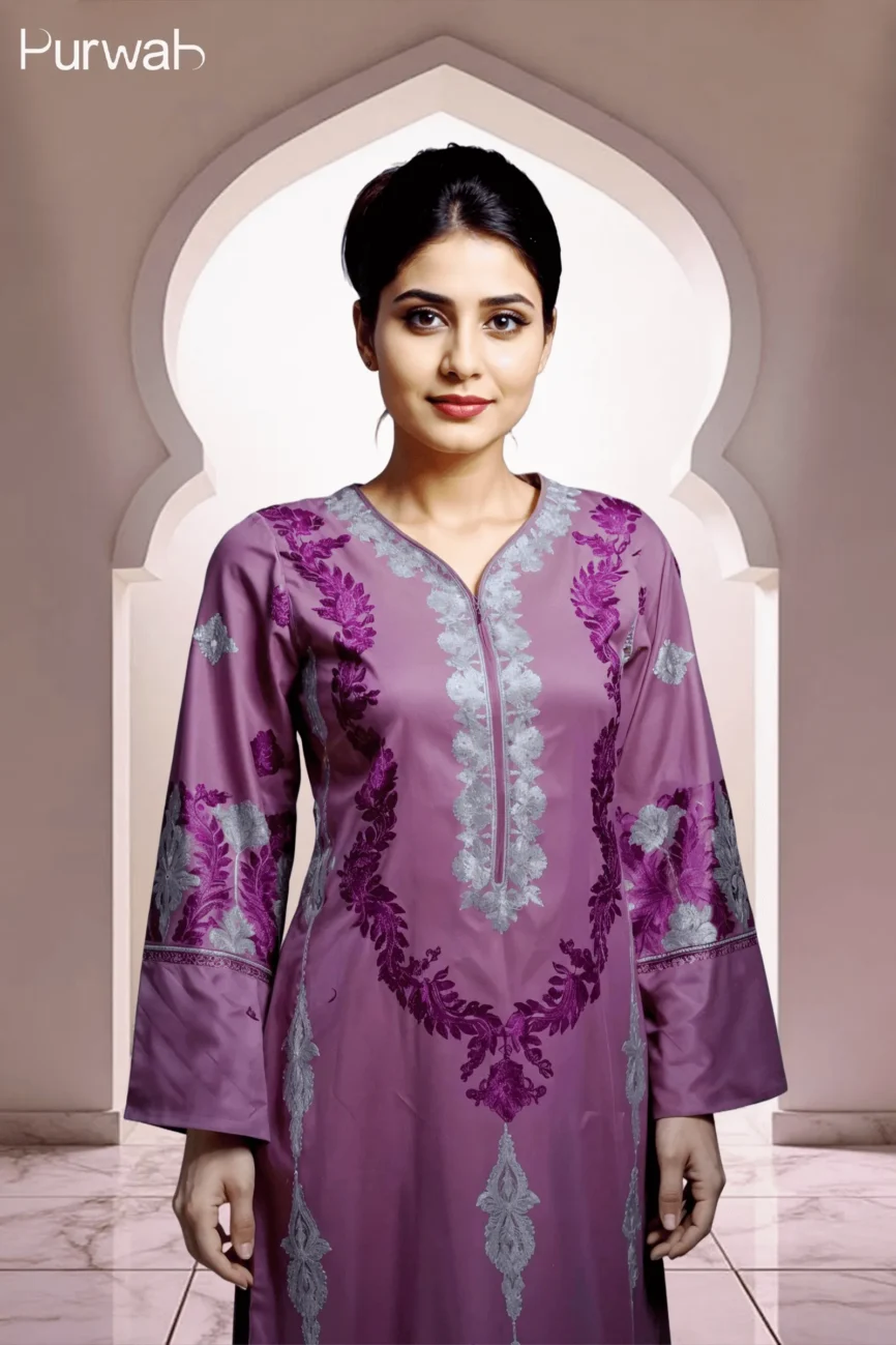Front view of a model wearing a purple embroidered dress with silver floral patterns, designed with a V-neck and long sleeves.