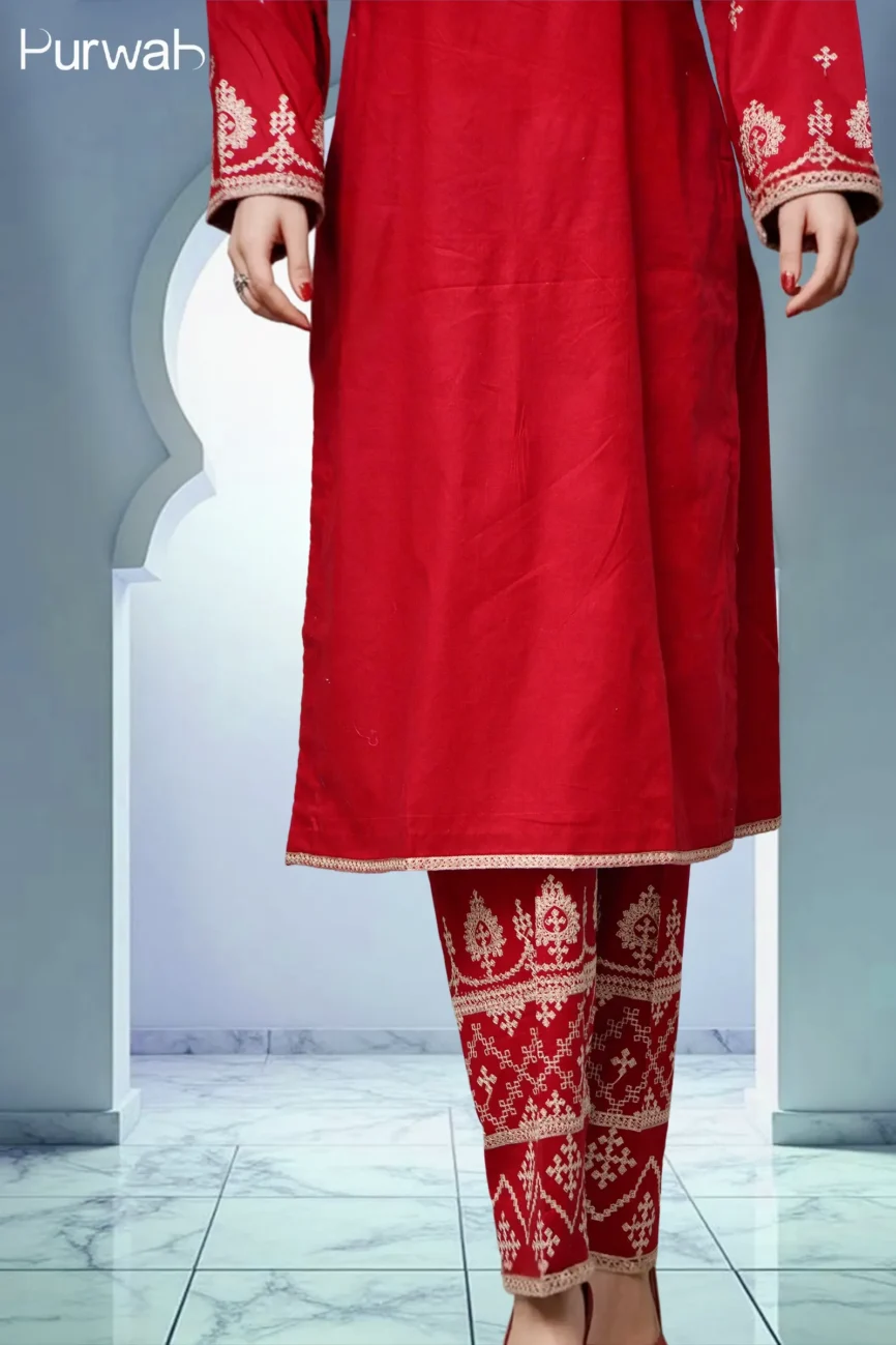 Full-length shot of a red kurta paired with matching leggings, both featuring stunning golden embroidery, perfect for festive occasions.