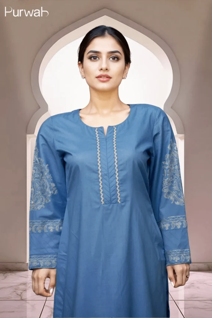 Full-length view of a blue kurta with intricate embroidery and matching pants.