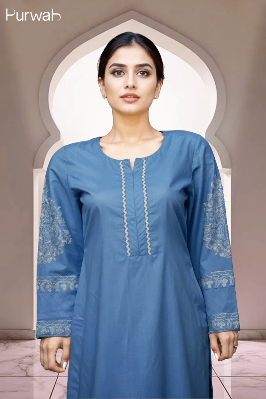 Full-length view of a blue kurta with intricate embroidery and matching pants.