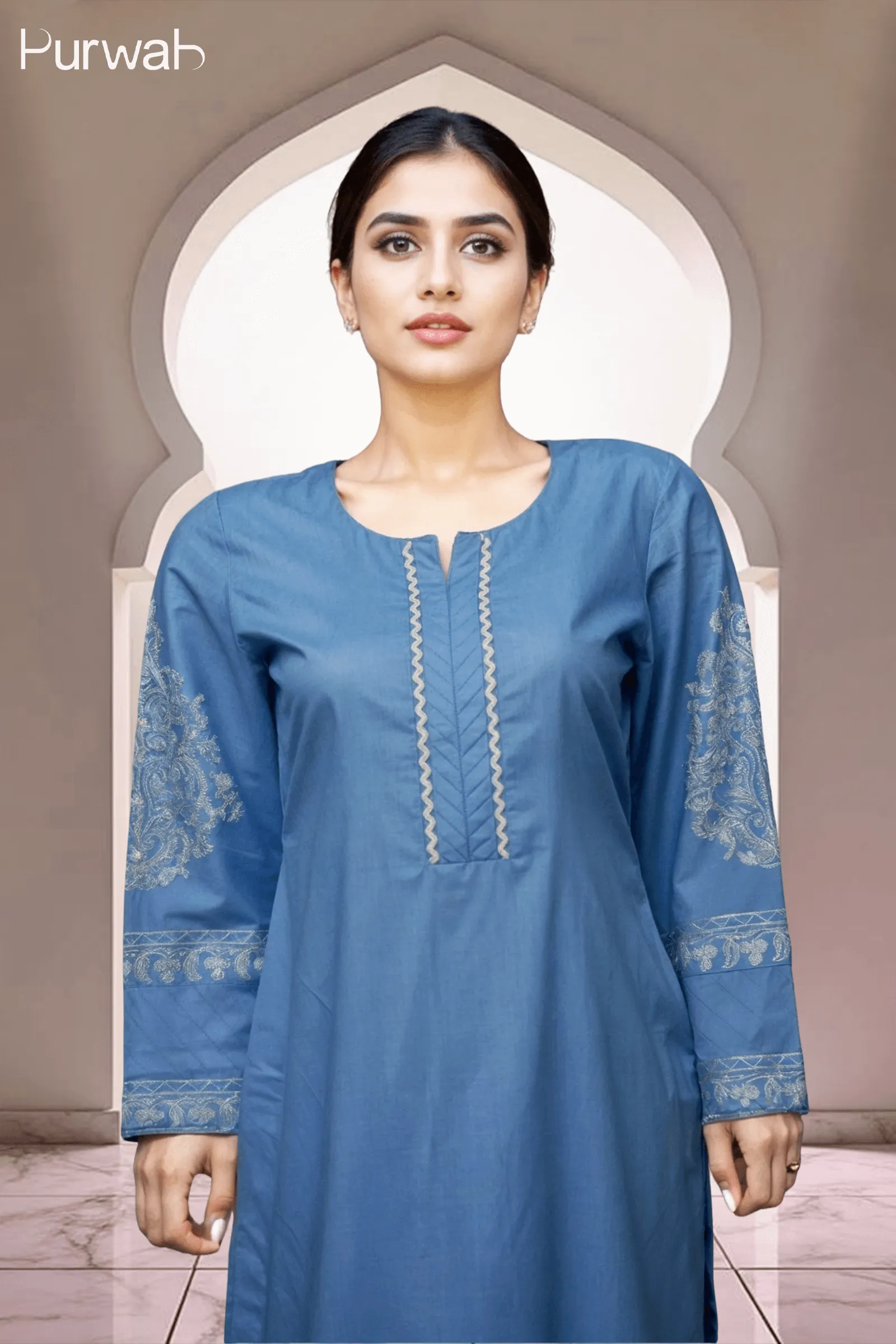 Full-length view of a blue kurta with intricate embroidery and matching pants.