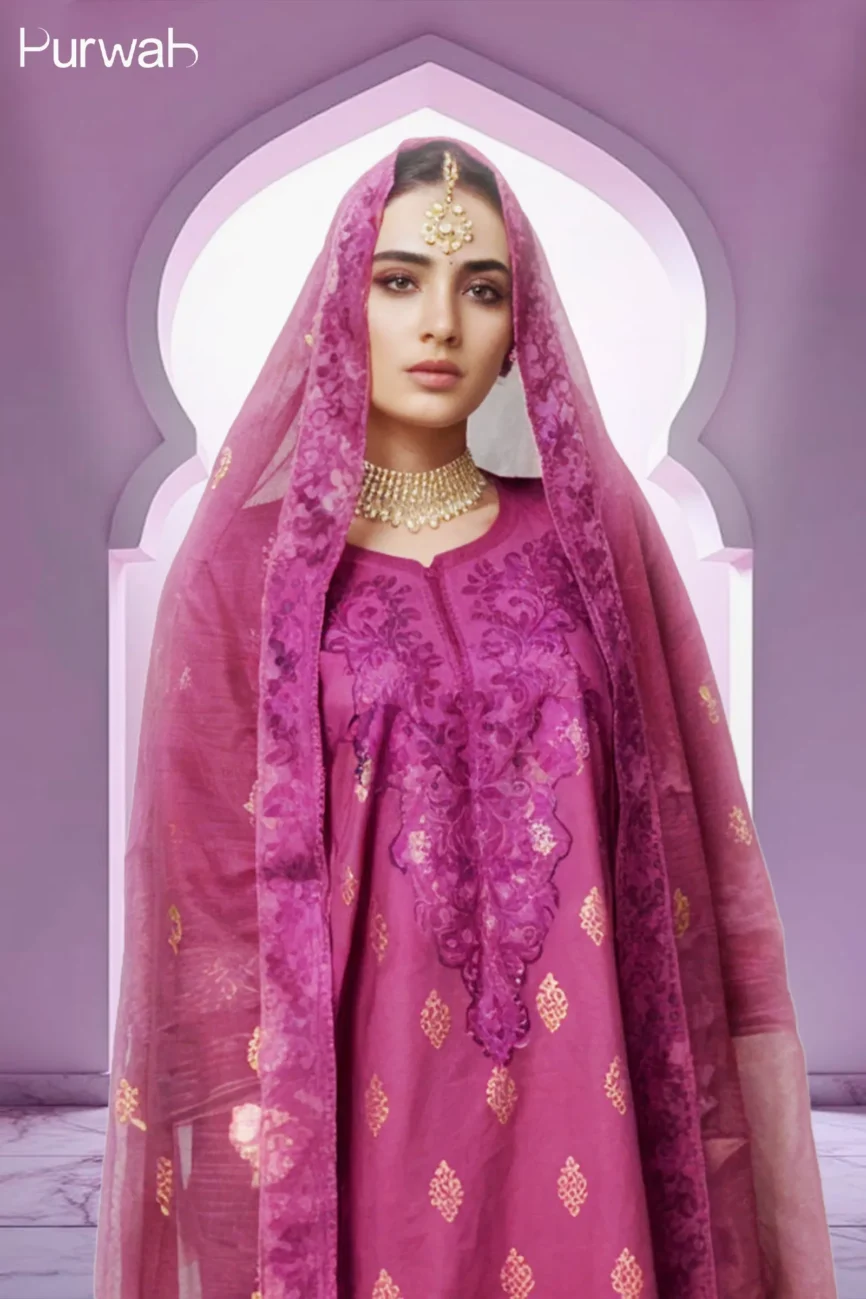Magenta dress with floral gold embroidery, featuring matching trousers and a sheer magenta dupatta, offering an elegant and graceful appearance.