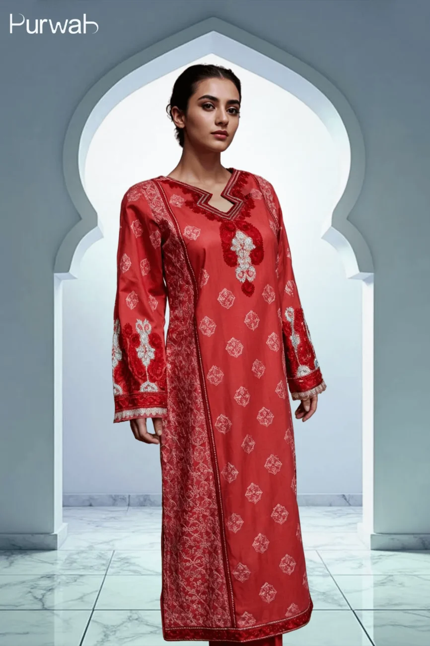Model showcasing a red embroidered dress paired with matching pants, highlighting the elegant design.