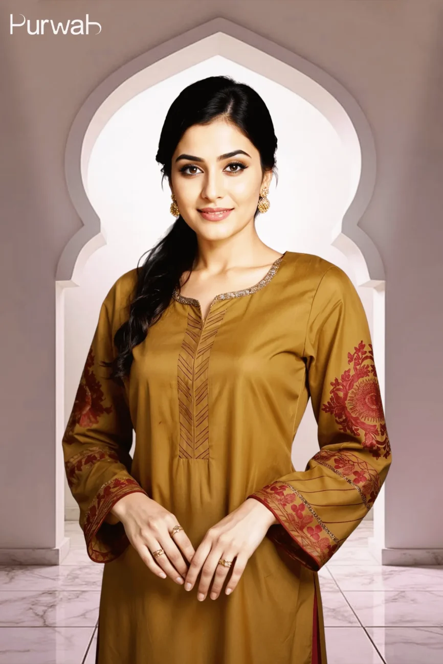 Model wearing a mustard-colored shirt with red floral embroidery on the sleeves, with a traditional arch backdrop.