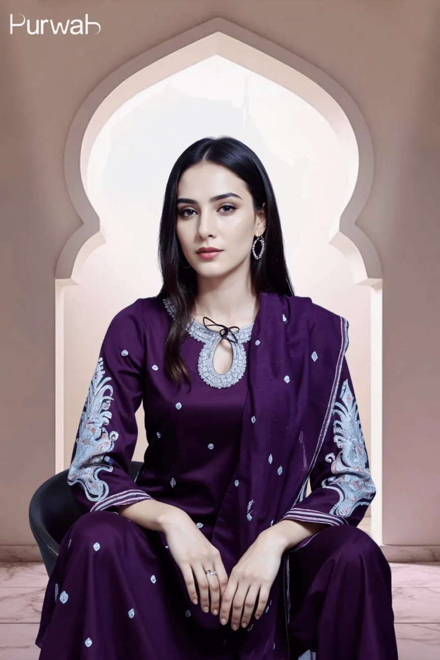 Model wearing a purple embroidered dress with matching shawl, seated elegantly against an arched background.
